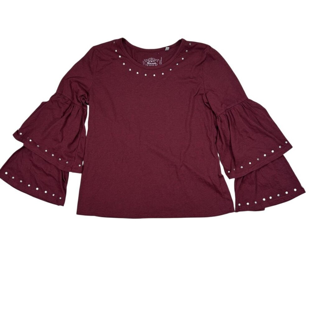Panhandle Studded Bell Ruffle Sleeve Western Medium Shirt Top Blouse Boho